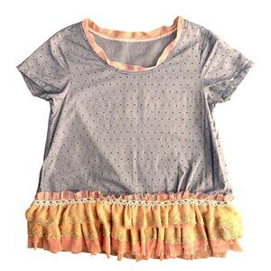 Handmade Coquette Shirt Blue‎ Polka Dot Top XXS Lace Hem Ruffle Trim Preppy